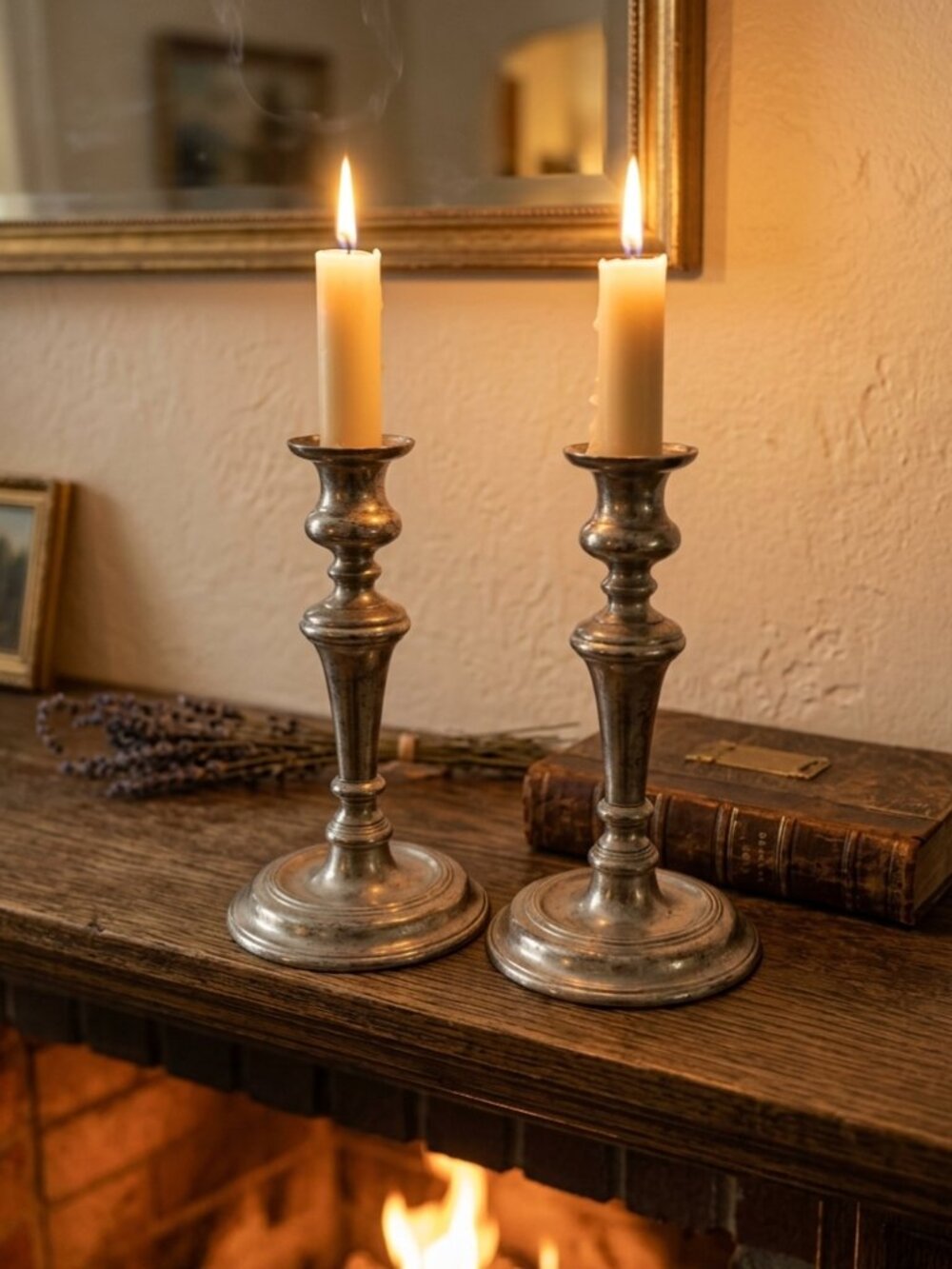 Antique Pair of Silver Plated Solid Brass Candle Stick Holders